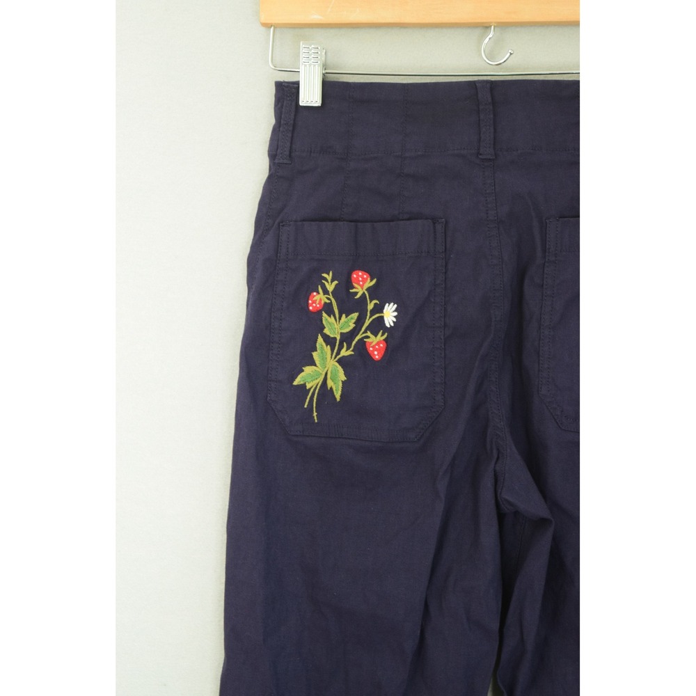 Maeve Colette Pants 26 Navy Strawberry Embroidered Wide Leg Crop Women Anthro